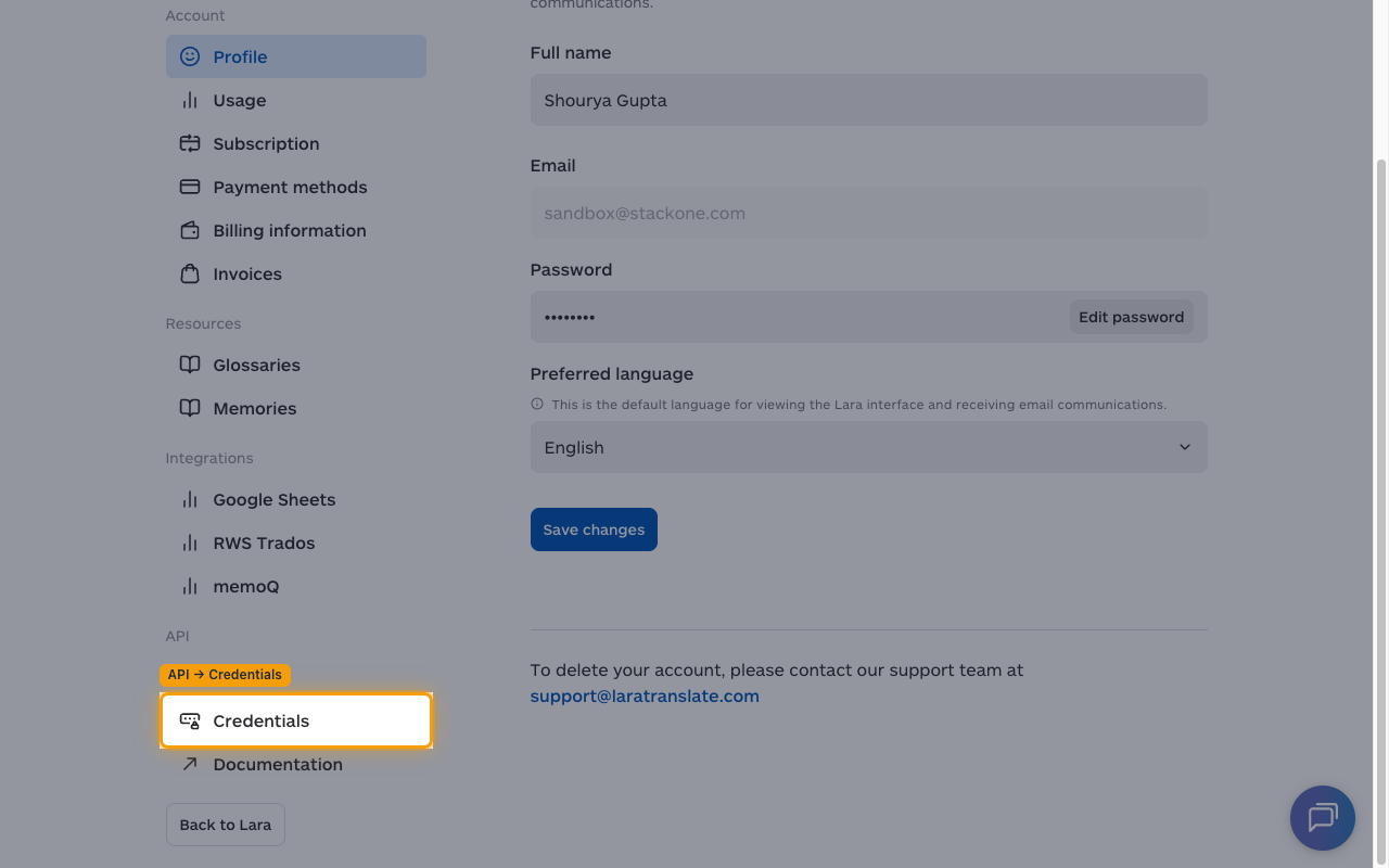 Account page sidebar with the API section expanded and Credentials highlighted.