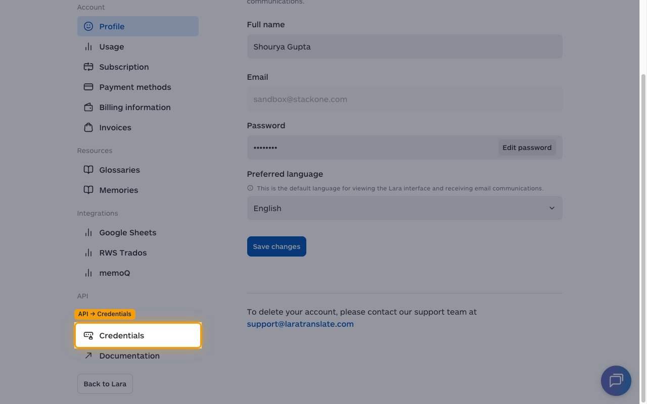 Account page sidebar with the API section expanded and Credentials highlighted.