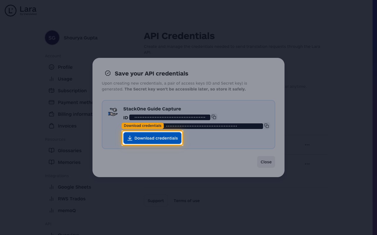 Save your API credentials dialog showing the ID and Secret rows (values redacted) with the Download credentials button highlighted.