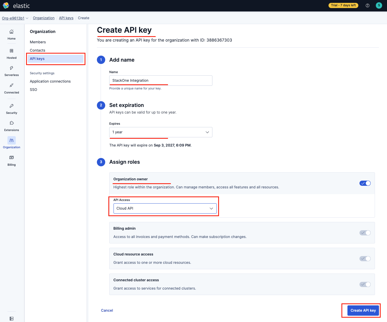 Create API key form