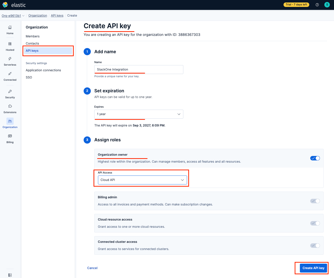 Create API key form