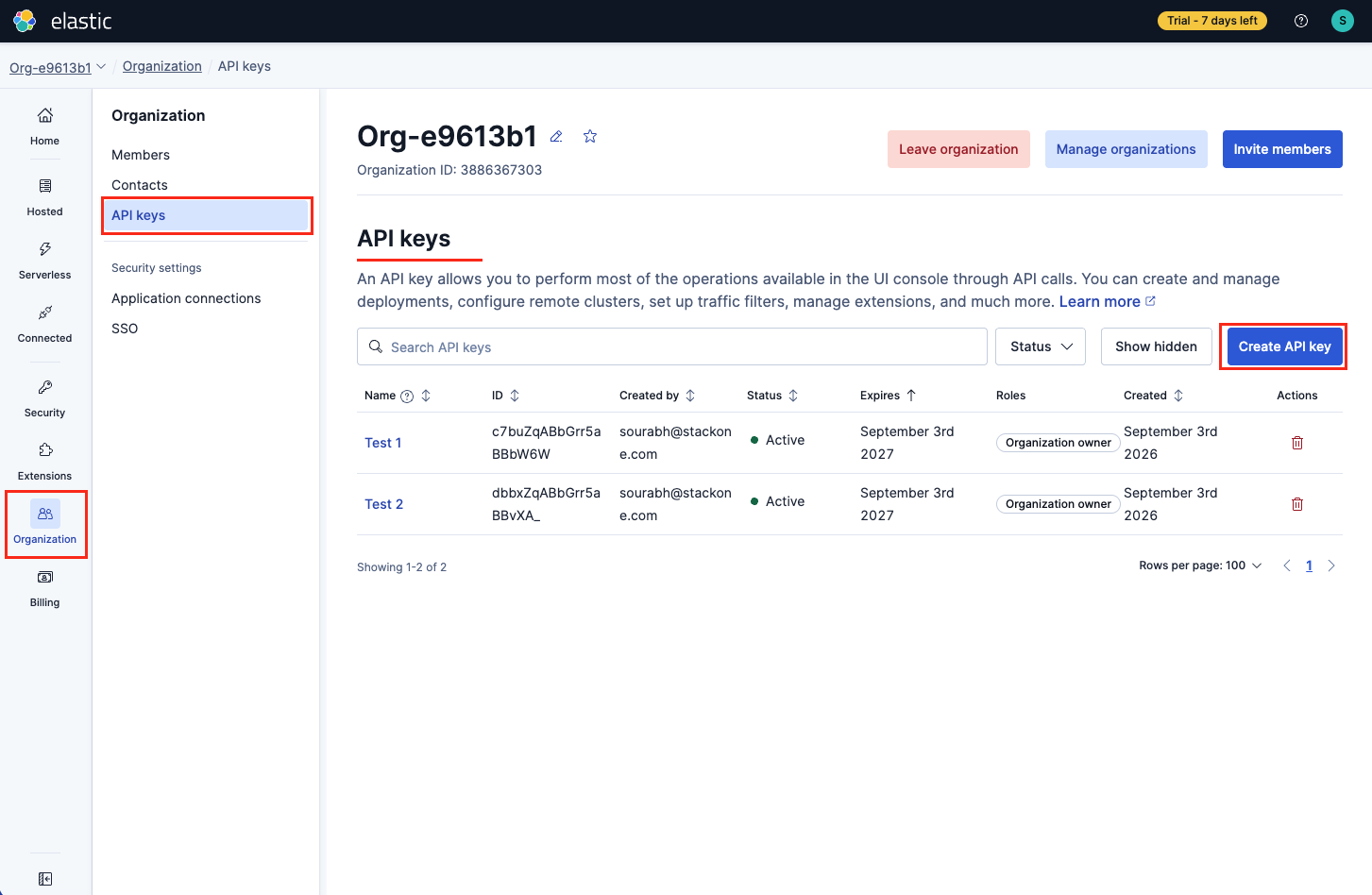 API keys tab