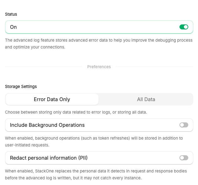 Advanced Logs settings: status, storage, background operations, and PII redaction
