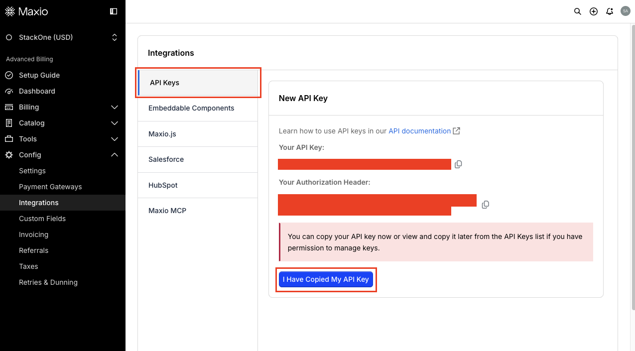 New API Key panel with the key (redacted) and the I Have Copied My API Key button.