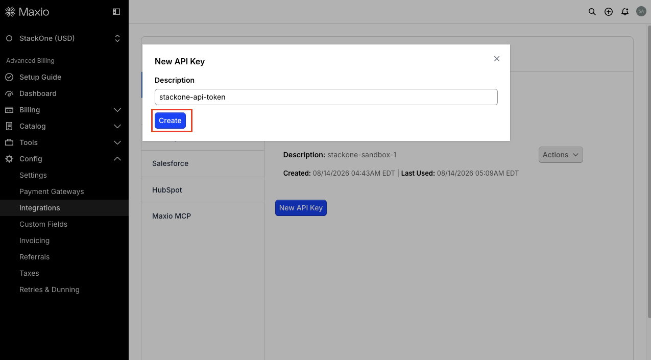 New API Key dialog with the Description field and the Create button.
