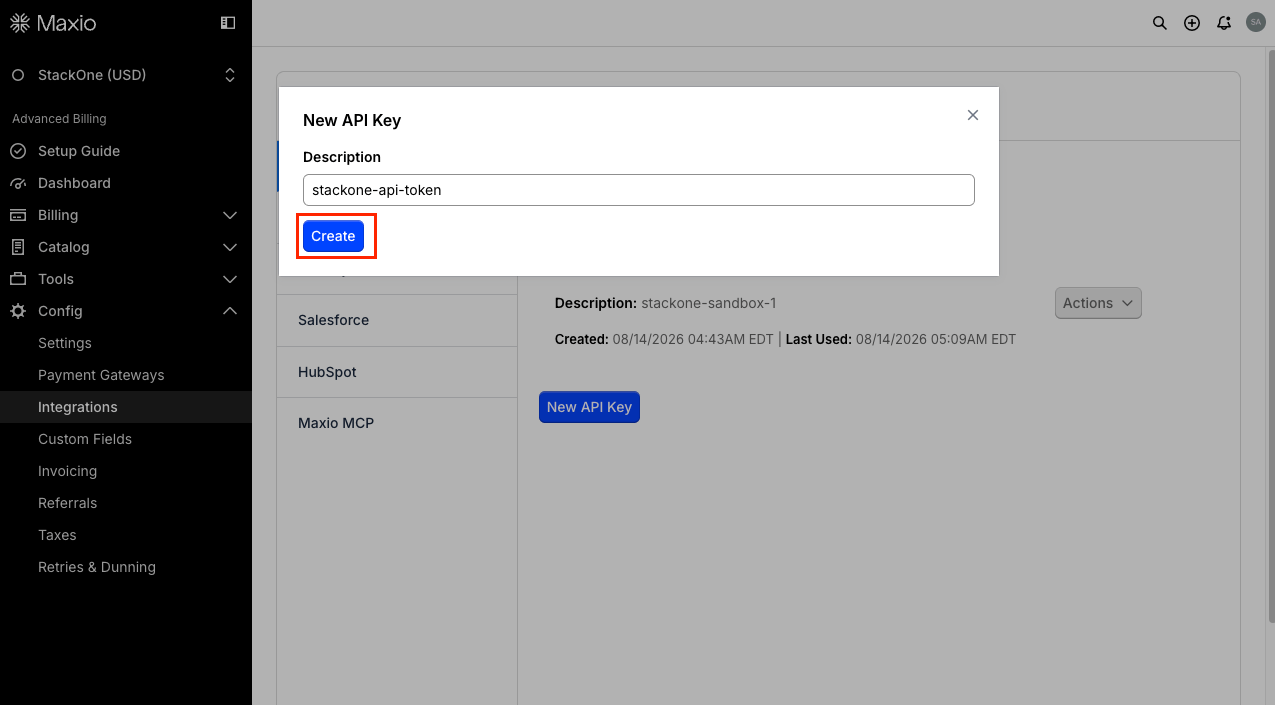 New API Key dialog with the Description field and the Create button.