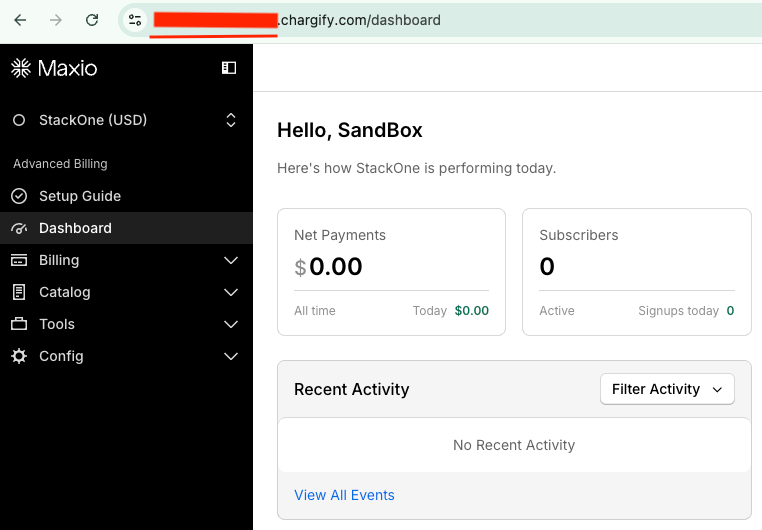 Locating the site subdomain in the dashboard URL