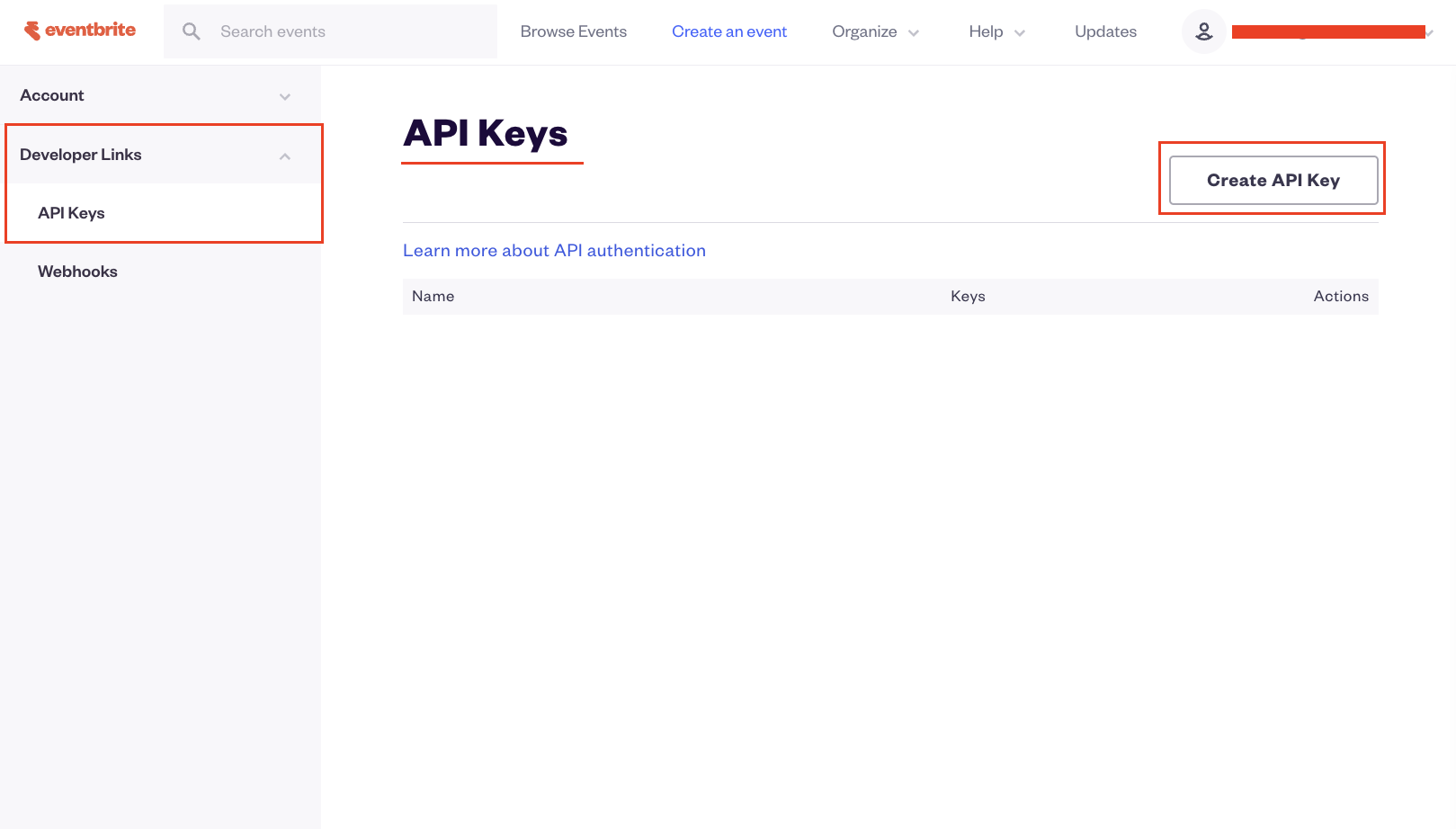 Eventbrite Account Settings page with Developer Links sidebar and Create API Key button