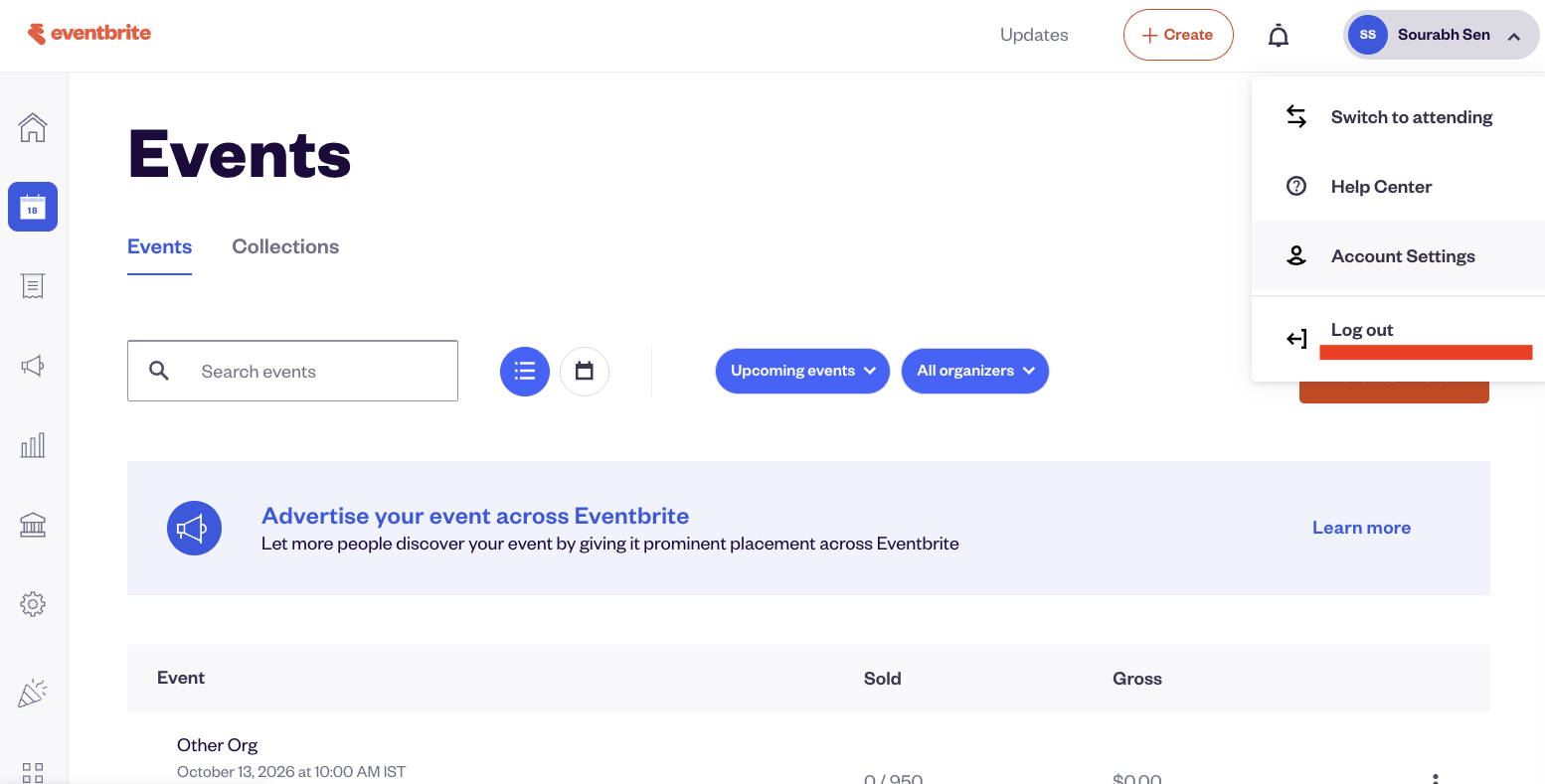 Eventbrite dashboard with profile dropdown showing Account Settings option
