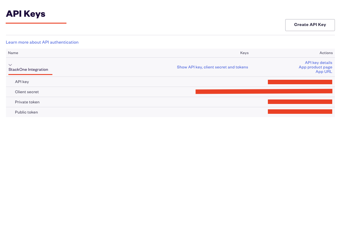 Eventbrite API Keys page showing expanded credentials with API key, Client secret, Private token, and Public token
