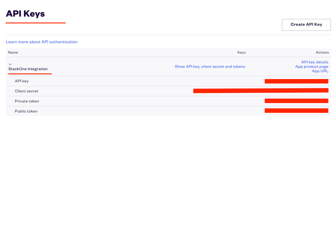 Eventbrite API Keys page showing expanded credentials with API key, Client secret, Private token, and Public token