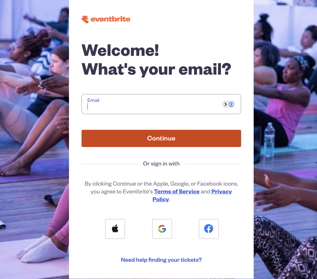 Eventbrite login page showing the email field and Continue button