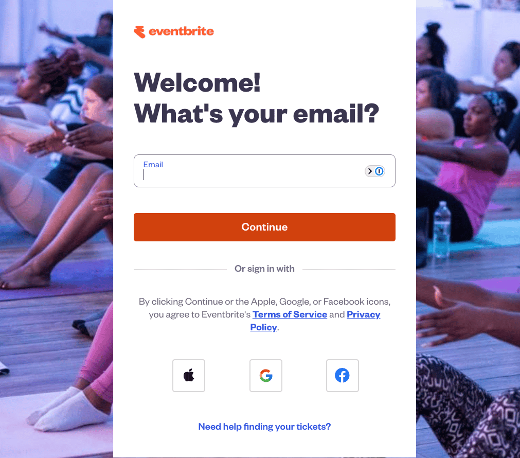 Eventbrite login page showing the email field and Continue button