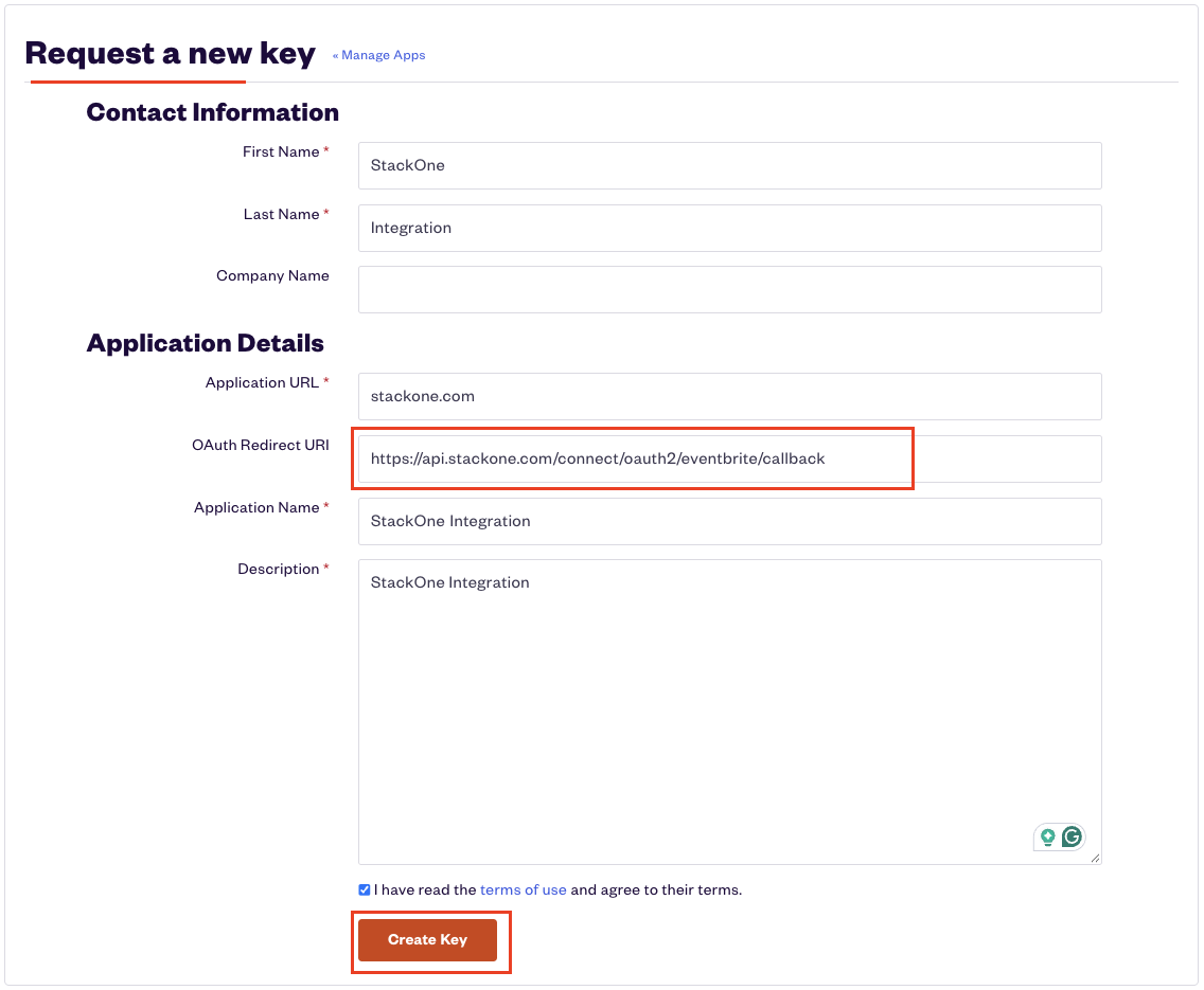 Eventbrite Request a new key form with Contact Information and Application Details sections