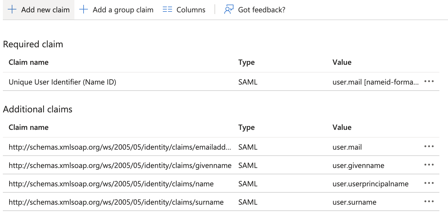 Microsoft Entra, Attributes & Claims, with the unique user identifier (Name ID) source set to user.mail and format Email address.