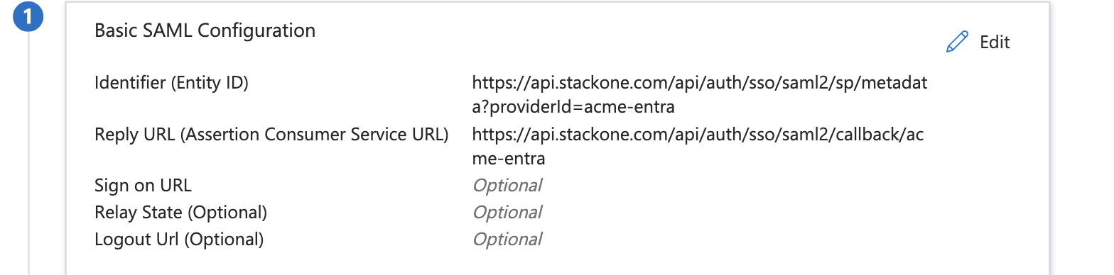 Microsoft Entra, Basic SAML Configuration, with Identifier (Entity ID) and Reply URL (ACS URL) set to the StackOne values.