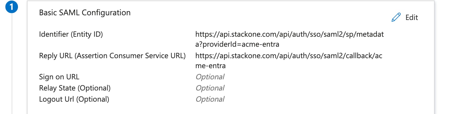 Microsoft Entra, Basic SAML Configuration, with Identifier (Entity ID) and Reply URL (ACS URL) set to the StackOne values.