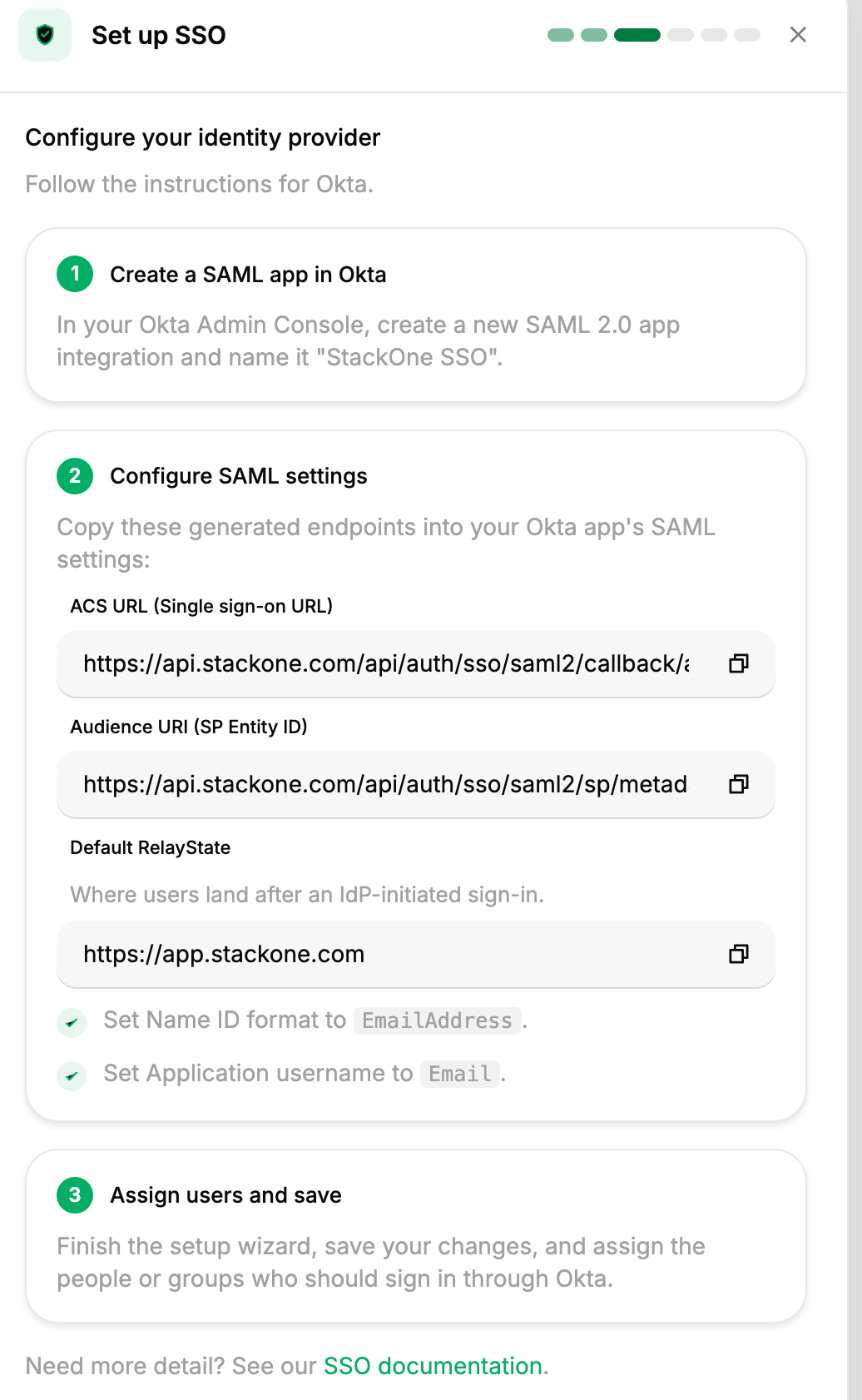 StackOne SSO wizard showing the Reply URL and Identifier values to copy into Microsoft Entra.