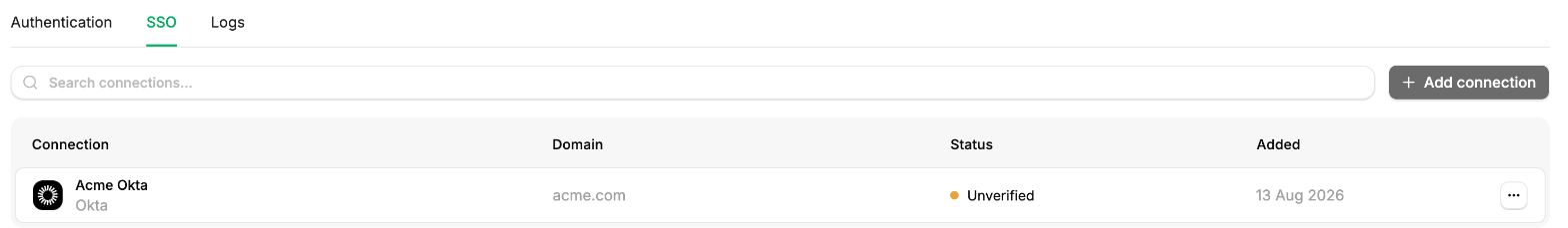 The SSO tab listing each connection with its Connection name, Domain, and Status (Verified or Unverified).