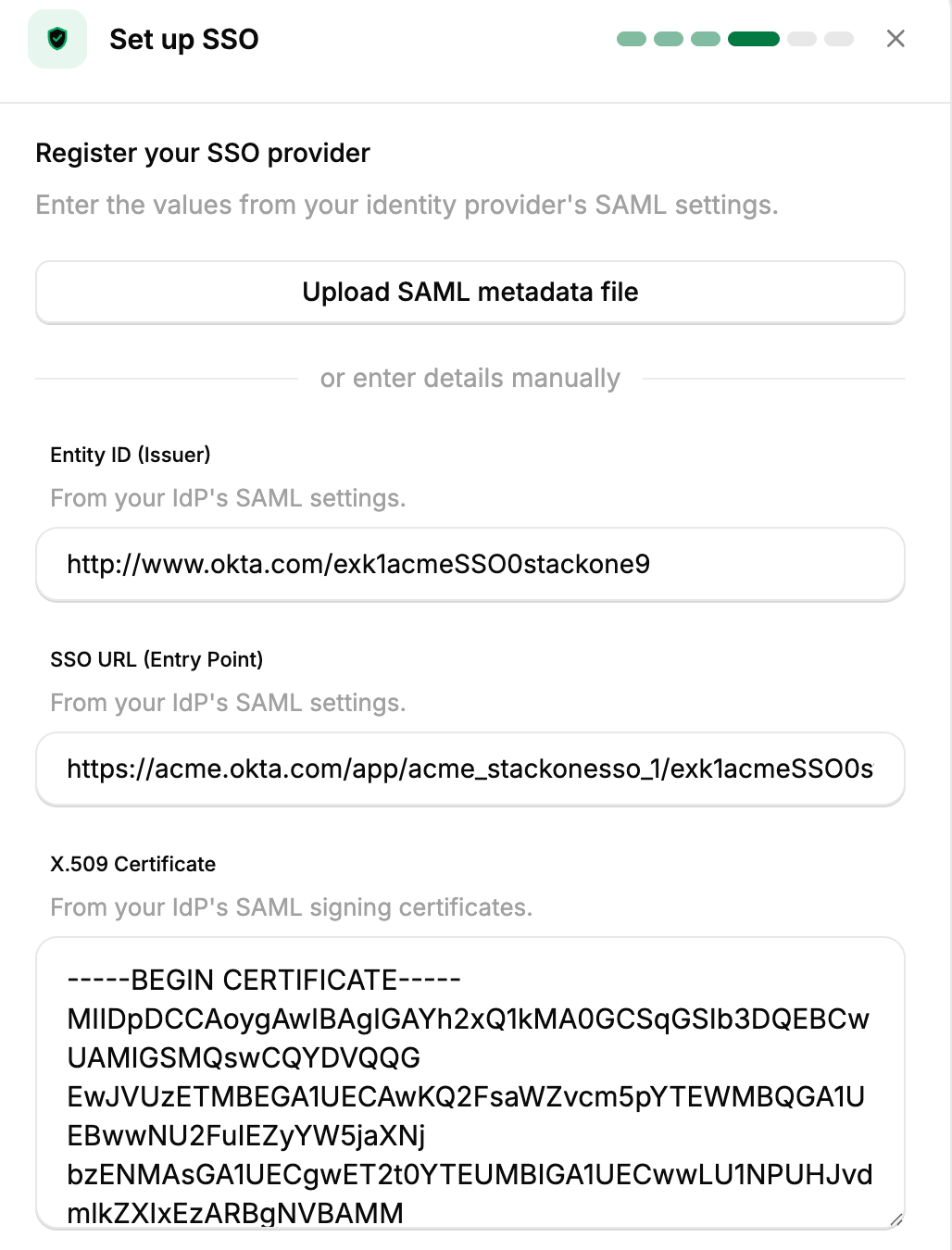 StackOne SSO registration form filled with the Microsoft Entra values before registering.