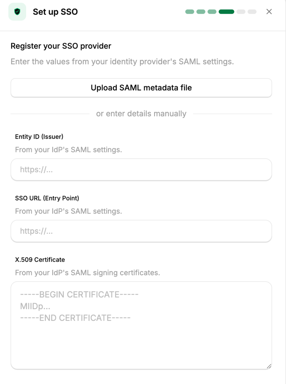 StackOne register step with fields for the issuer, SSO URL, and certificate, plus the metadata upload button.