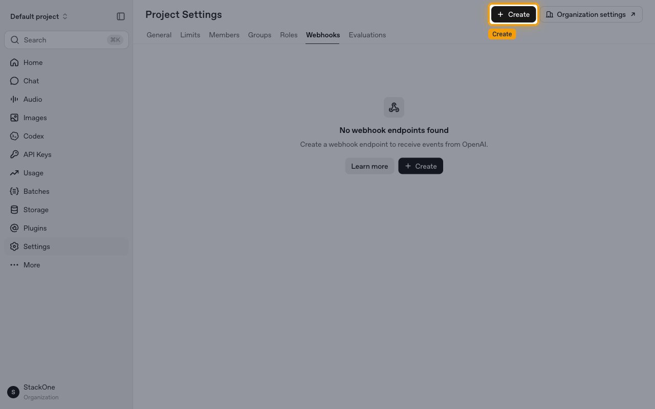 The project Settings Webhooks tab with the Create button highlighted