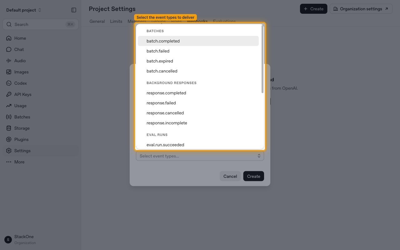 The event types picker showing the Batches, Background Responses and Eval Runs groups