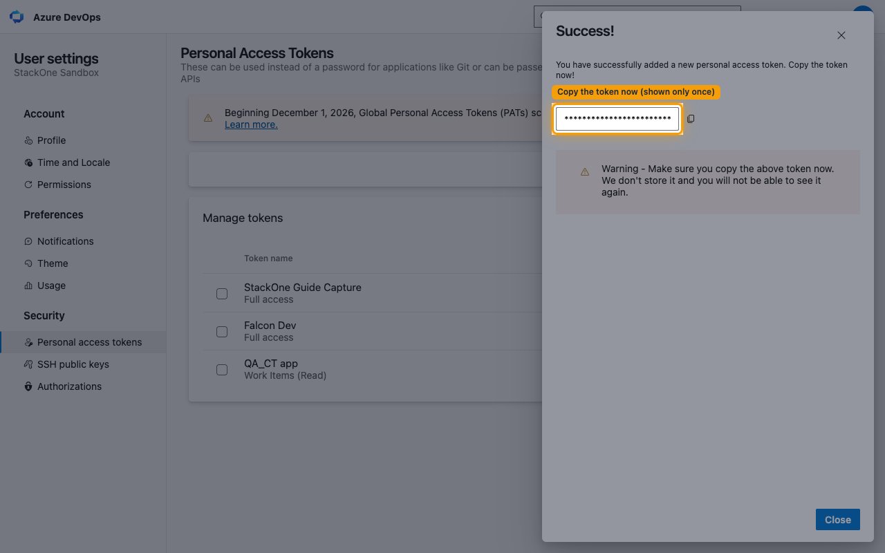 Success dialog showing the one-time token value redacted with a copy button