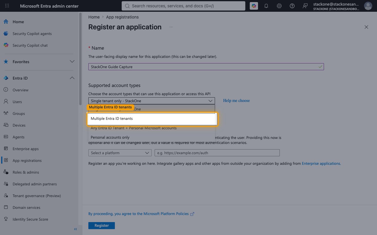 Supported account types dropdown open with Multiple Entra ID tenants highlighted