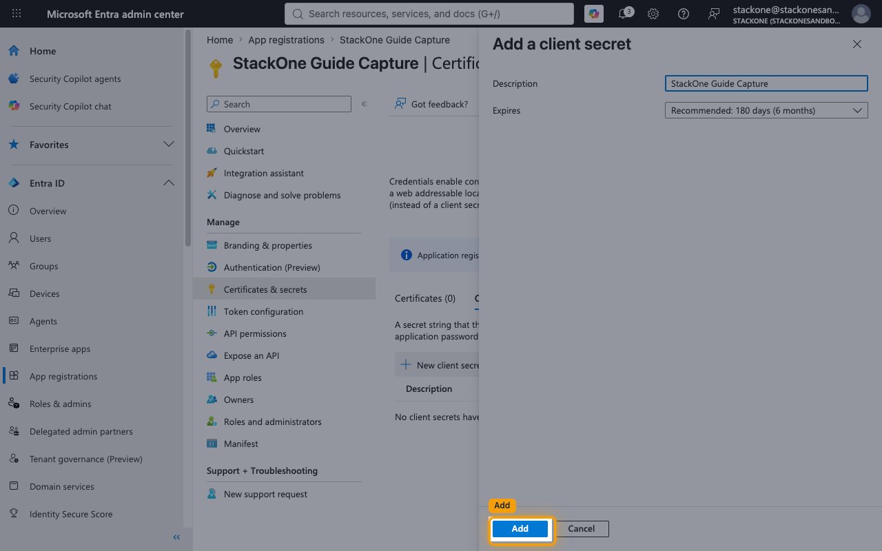 Add a client secret panel with Description and Expires fields and the Add button highlighted