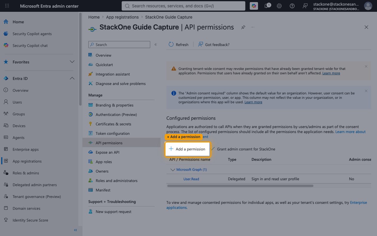 API permissions blade with the Add a permission button highlighted
