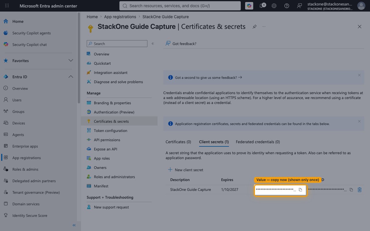 Client secrets tab with the one-time secret Value highlighted and redacted