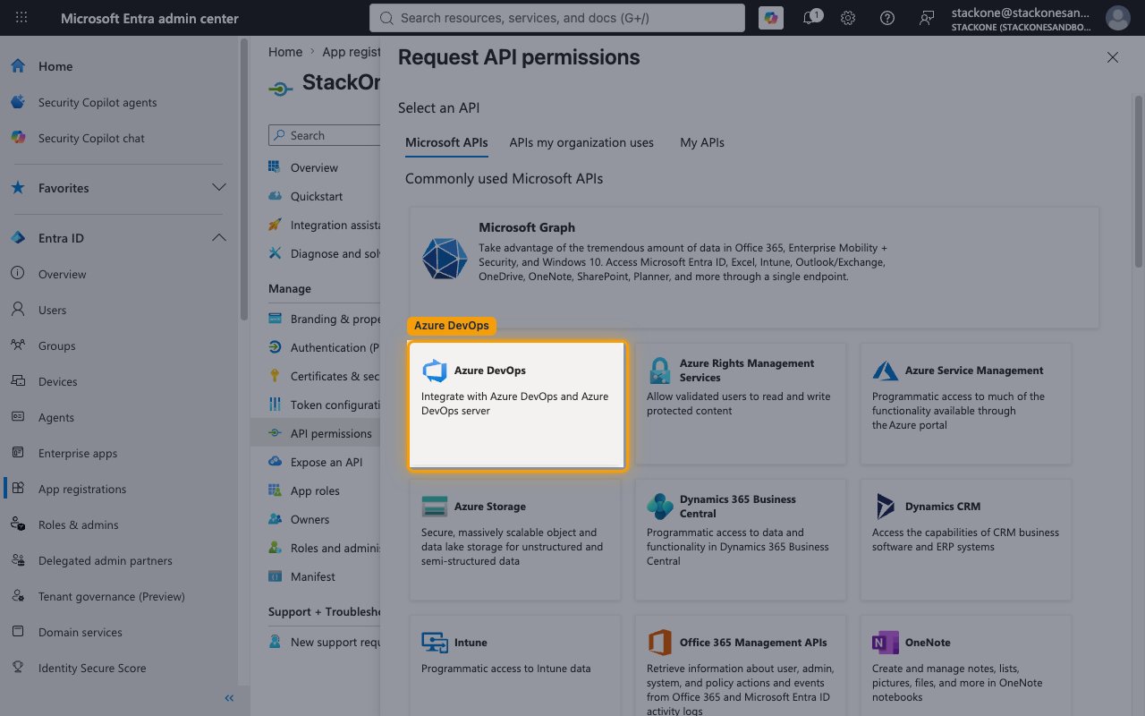 Request API permissions panel with the Azure DevOps tile highlighted