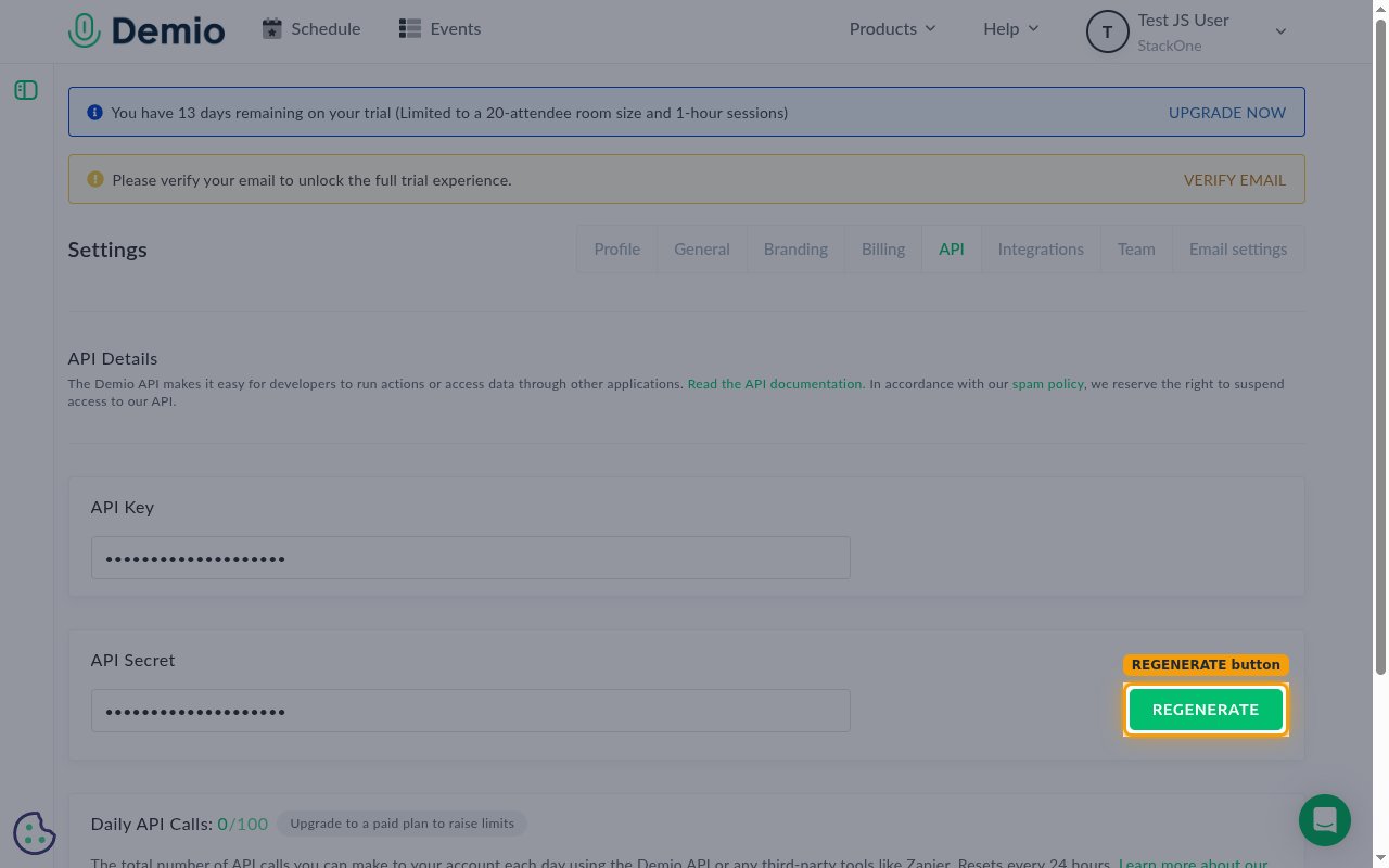 Demio API Details page showing the API Key and API Secret fields with the REGENERATE button highlighted