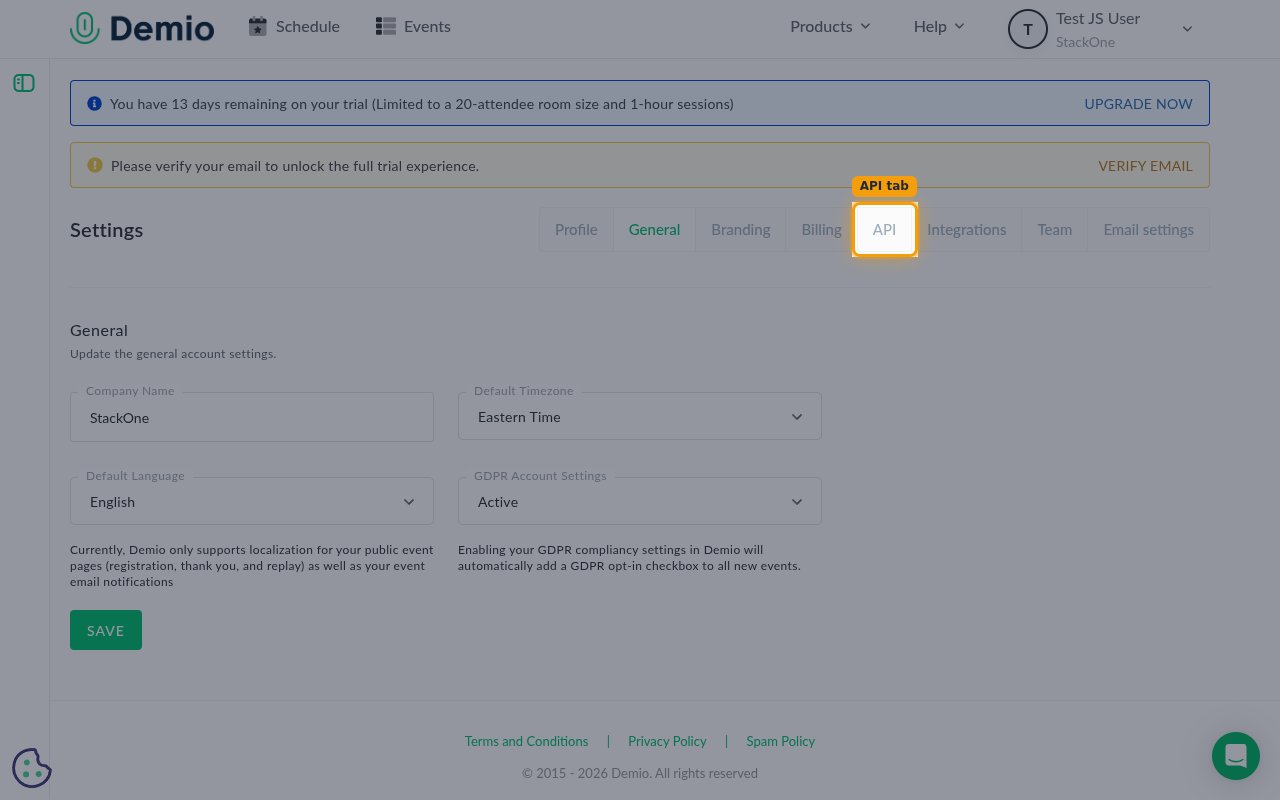 Demio Settings page on the General tab with the API tab highlighted