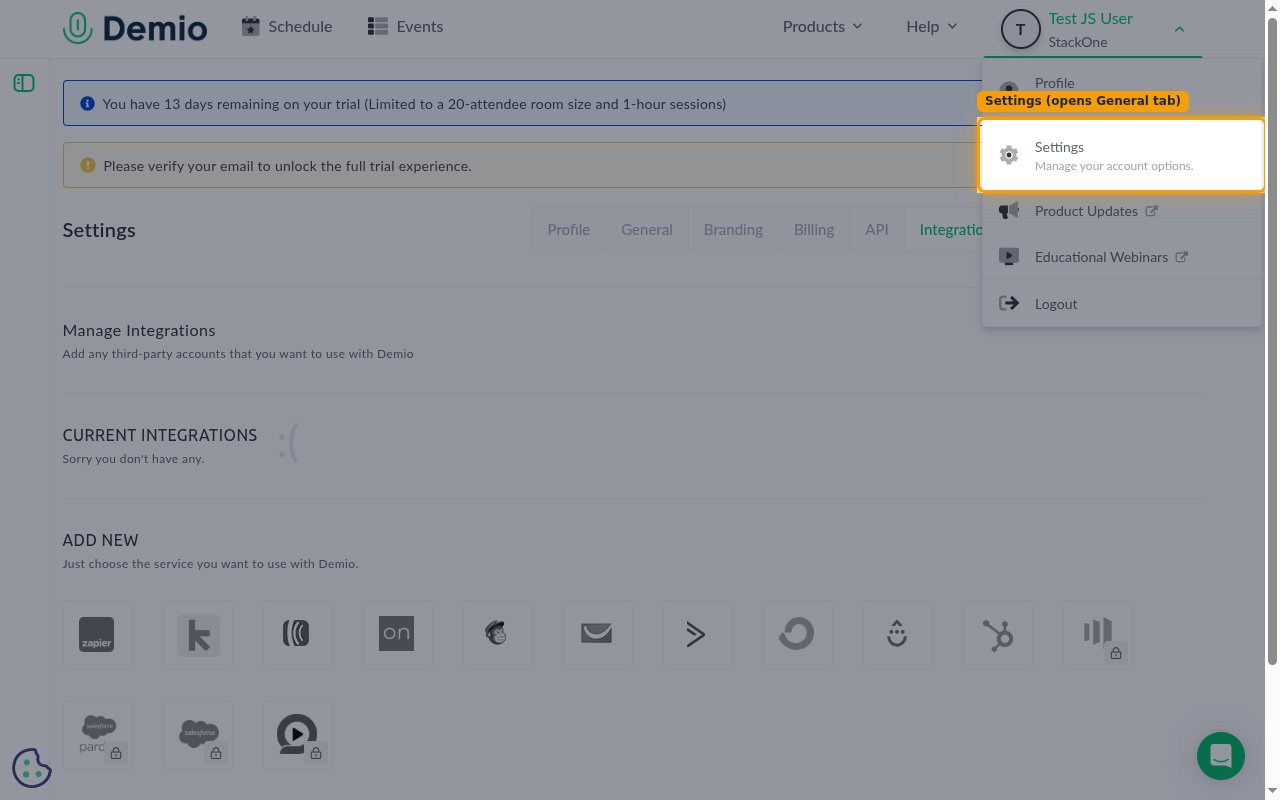 Demio profile dropdown menu with the Settings option highlighted