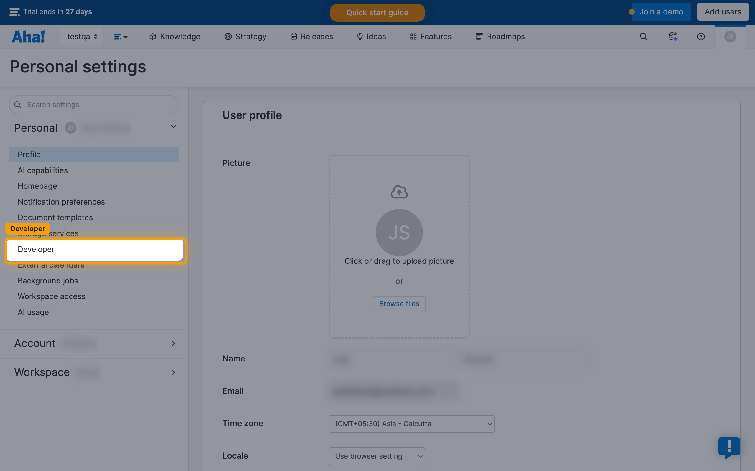 Personal settings, Developer tab
