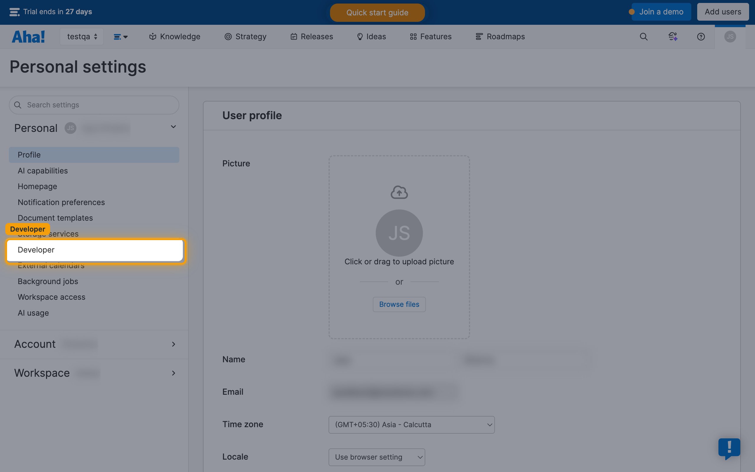 Personal settings, Developer tab