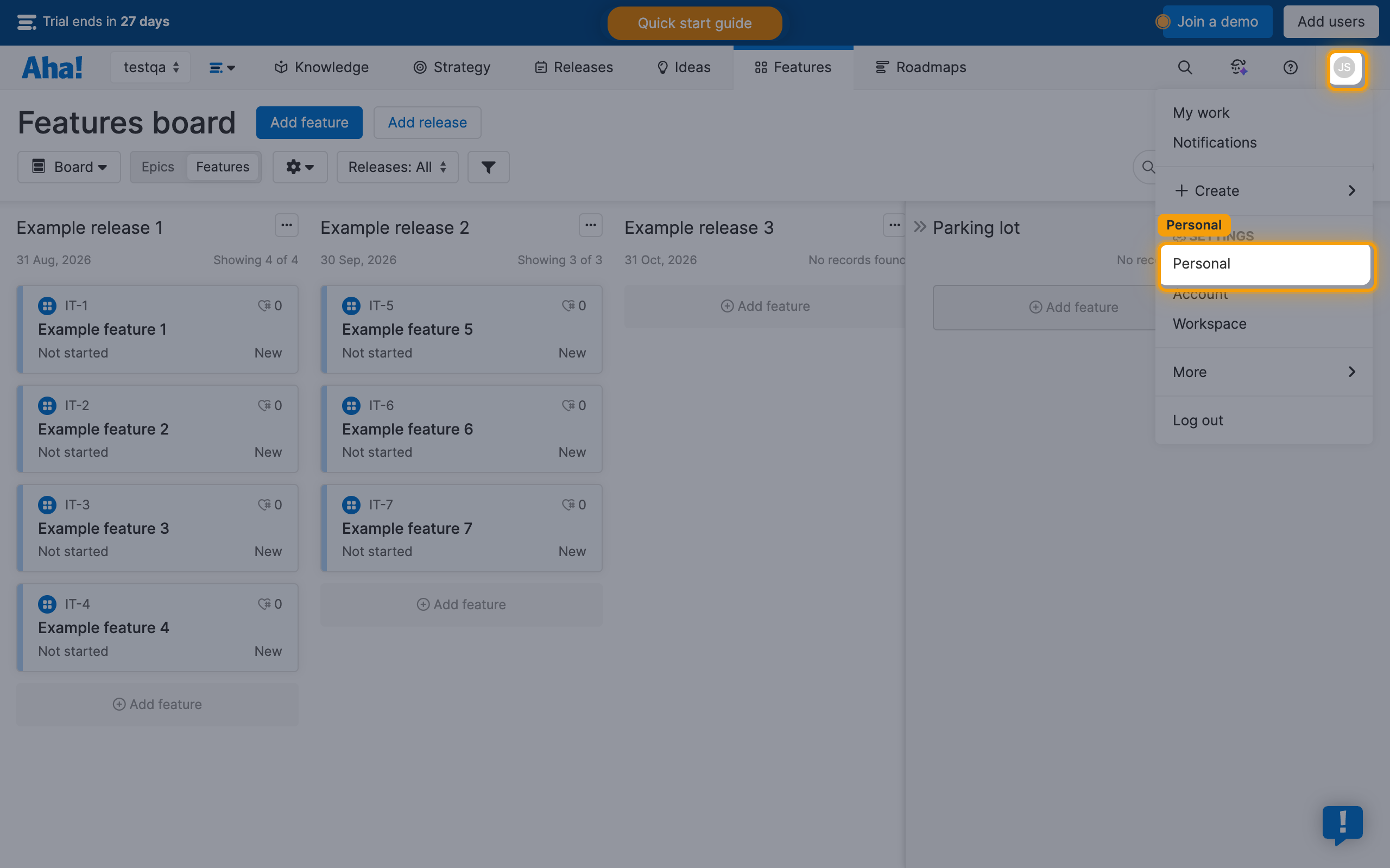 Profile dropdown, Personal under Settings