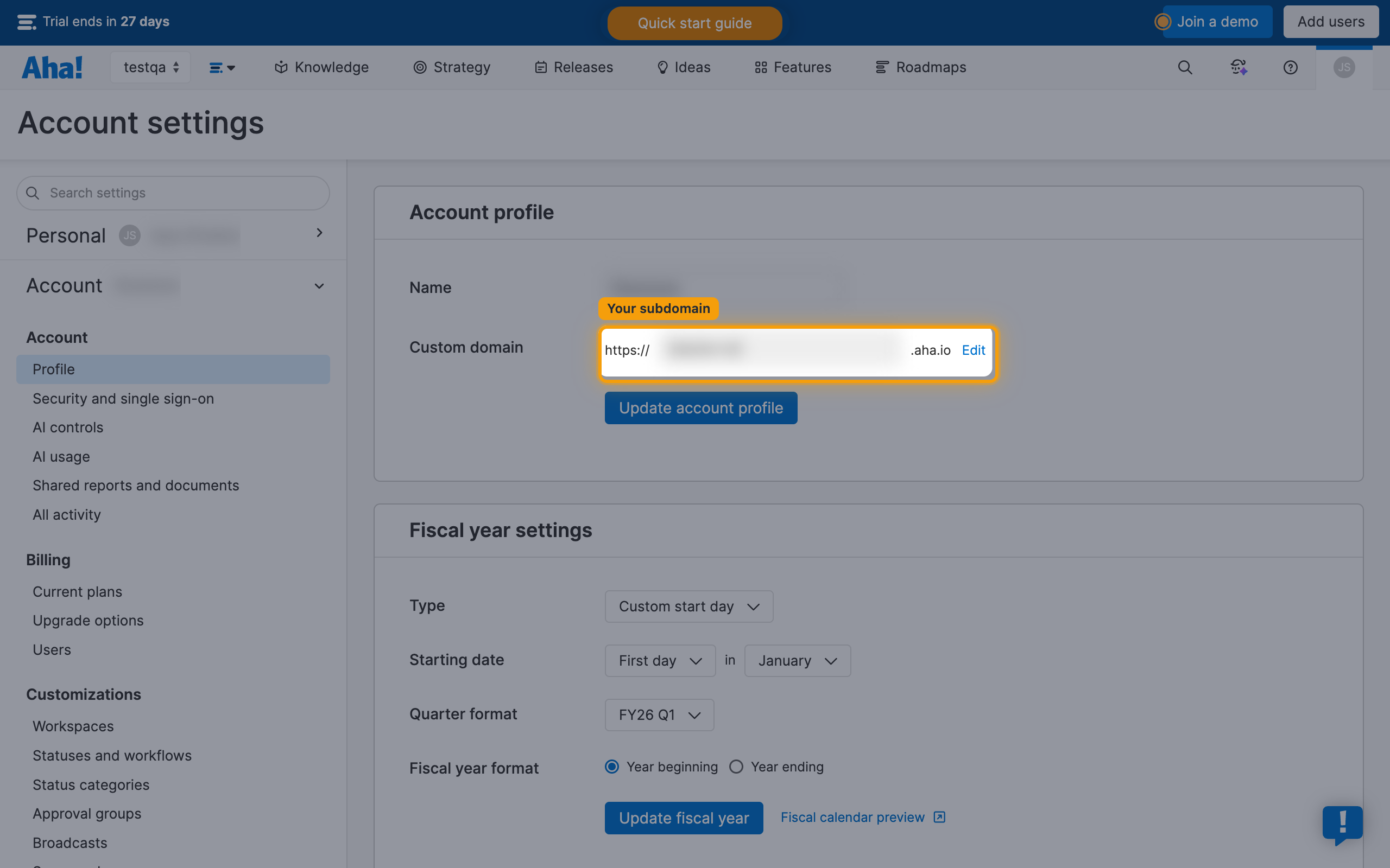 Custom domain field, subdomain redacted