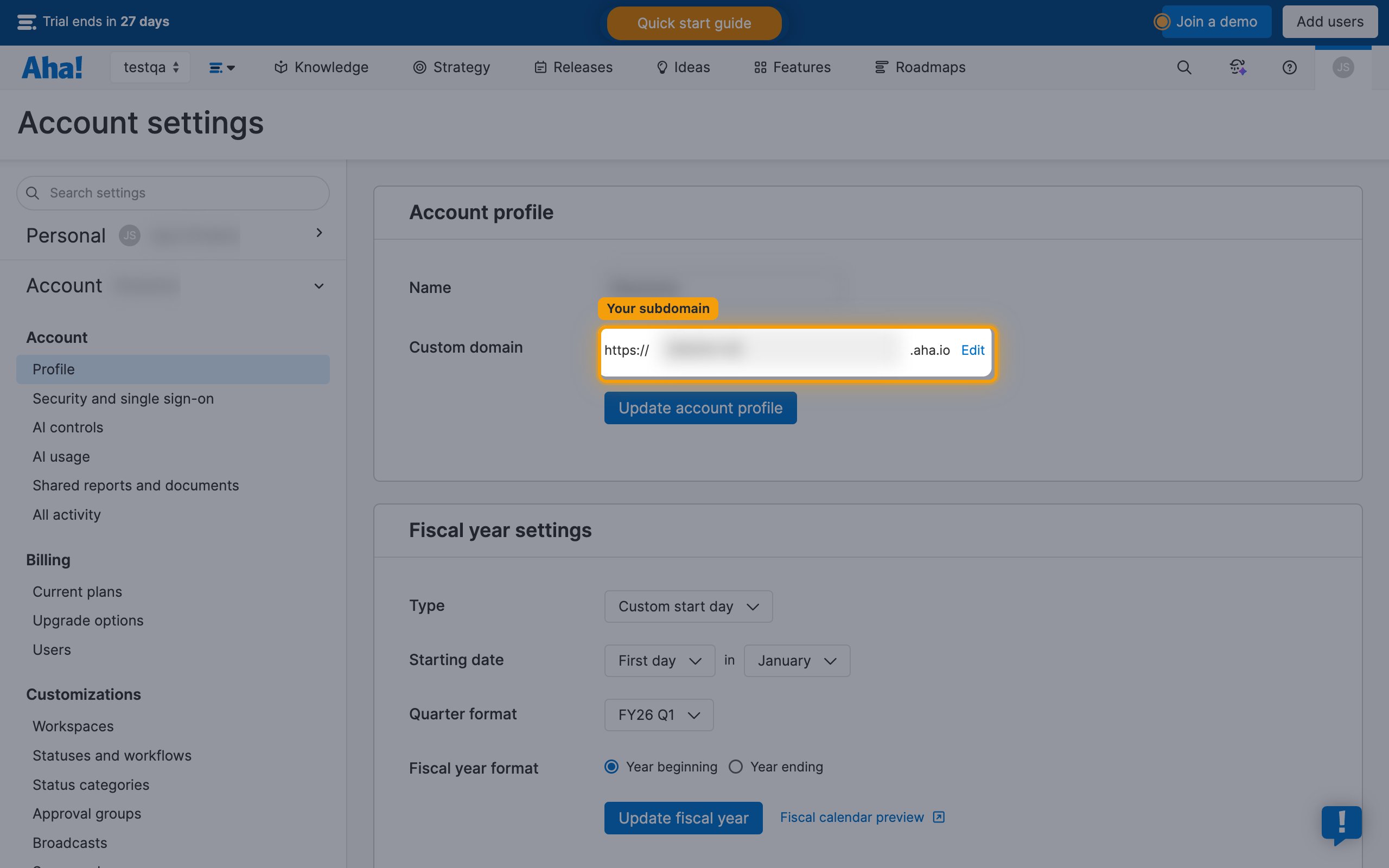 Custom domain field, subdomain redacted