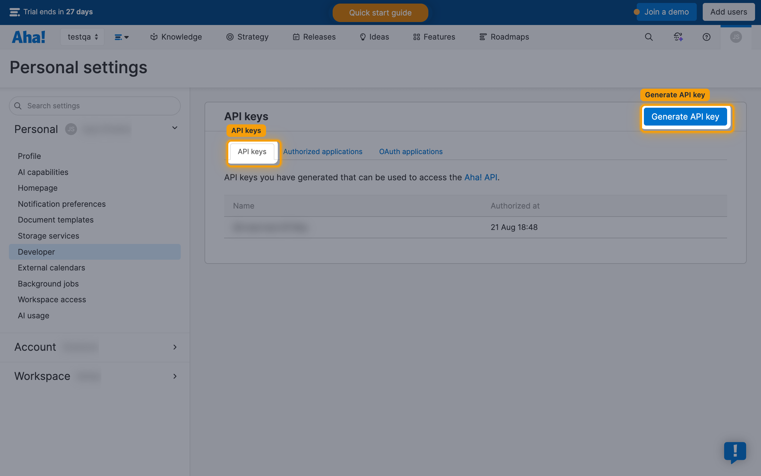 API keys tab, Generate API key