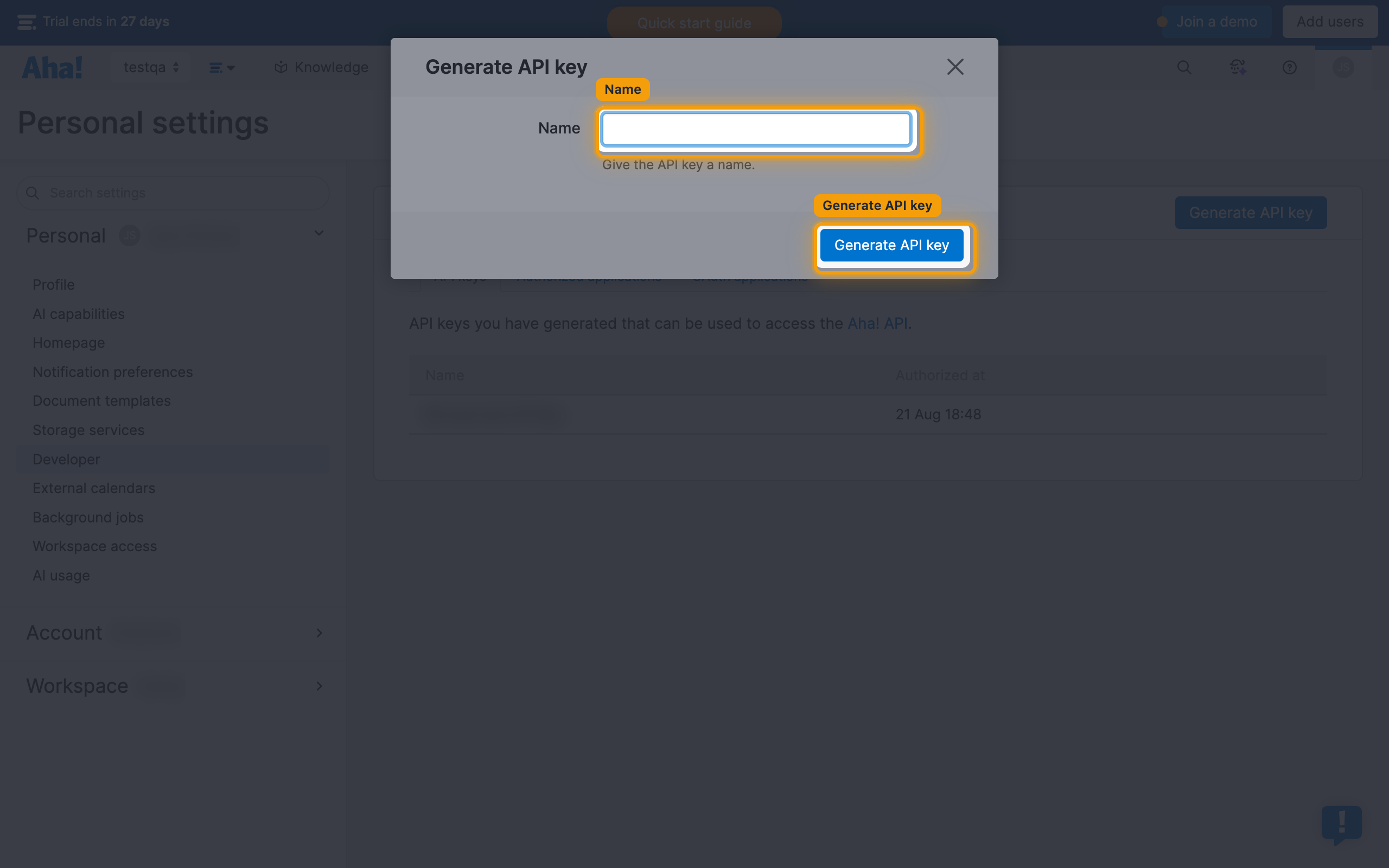 Generate API key dialog, Name field