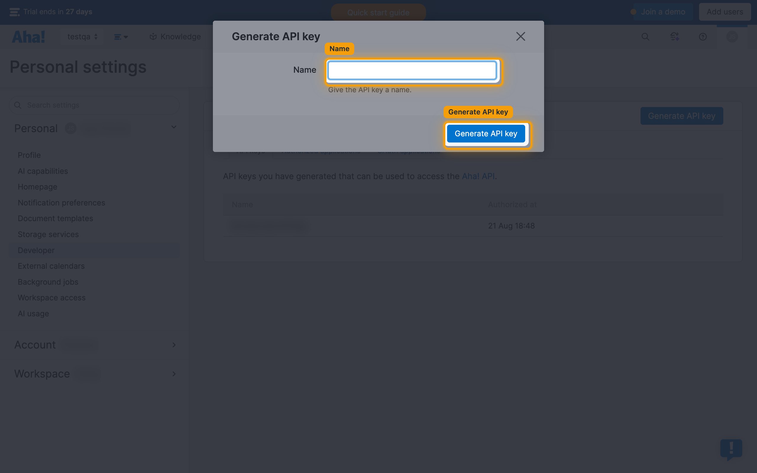 Generate API key dialog, Name field