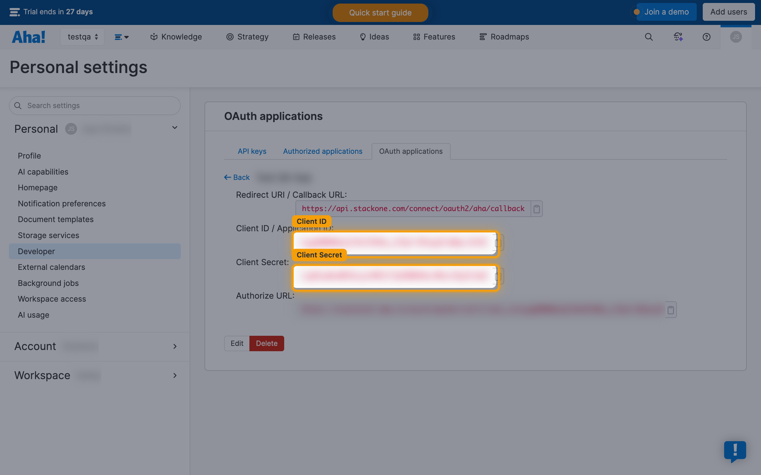 Application details, Client ID and Client Secret redacted