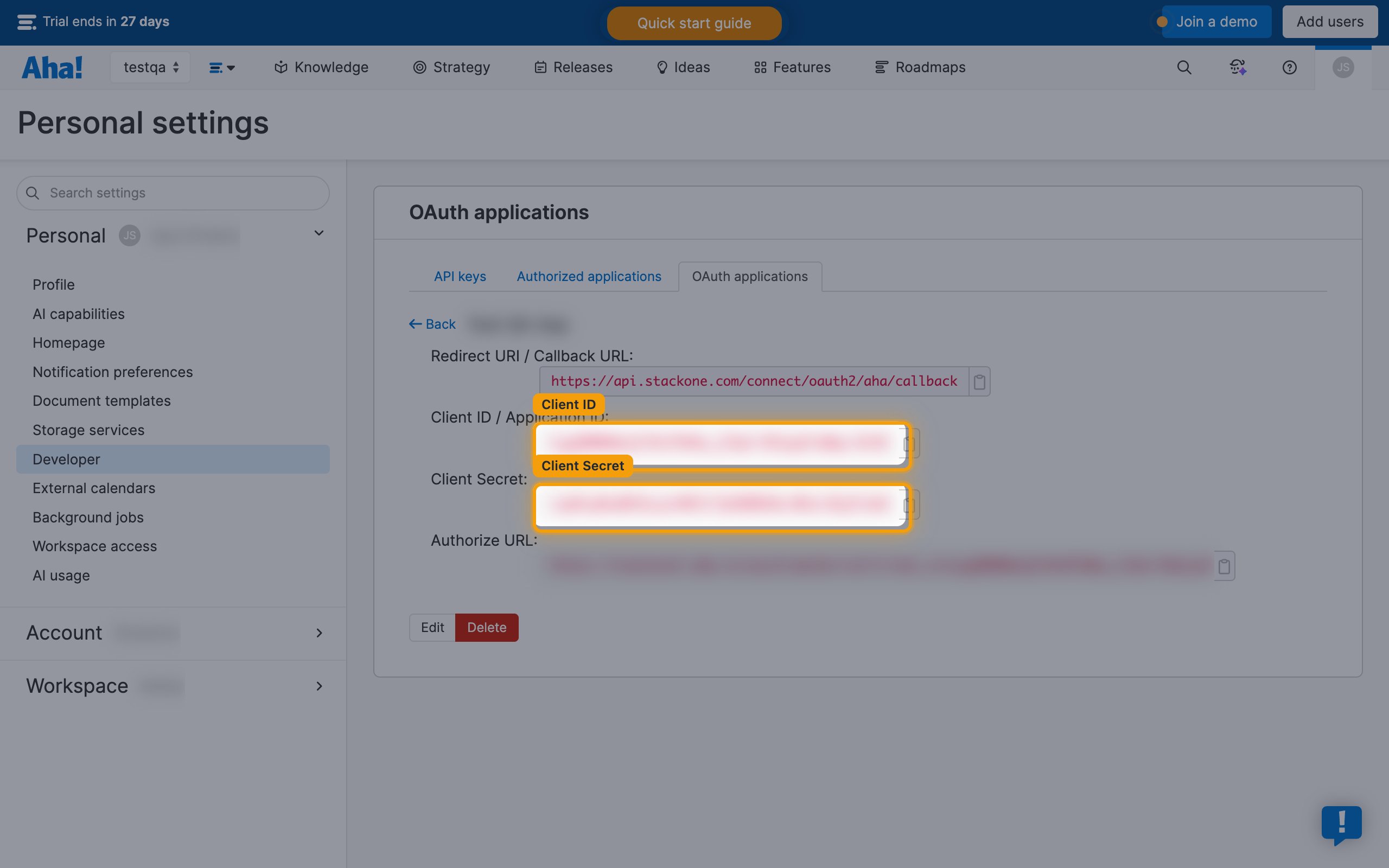 Application details, Client ID and Client Secret redacted