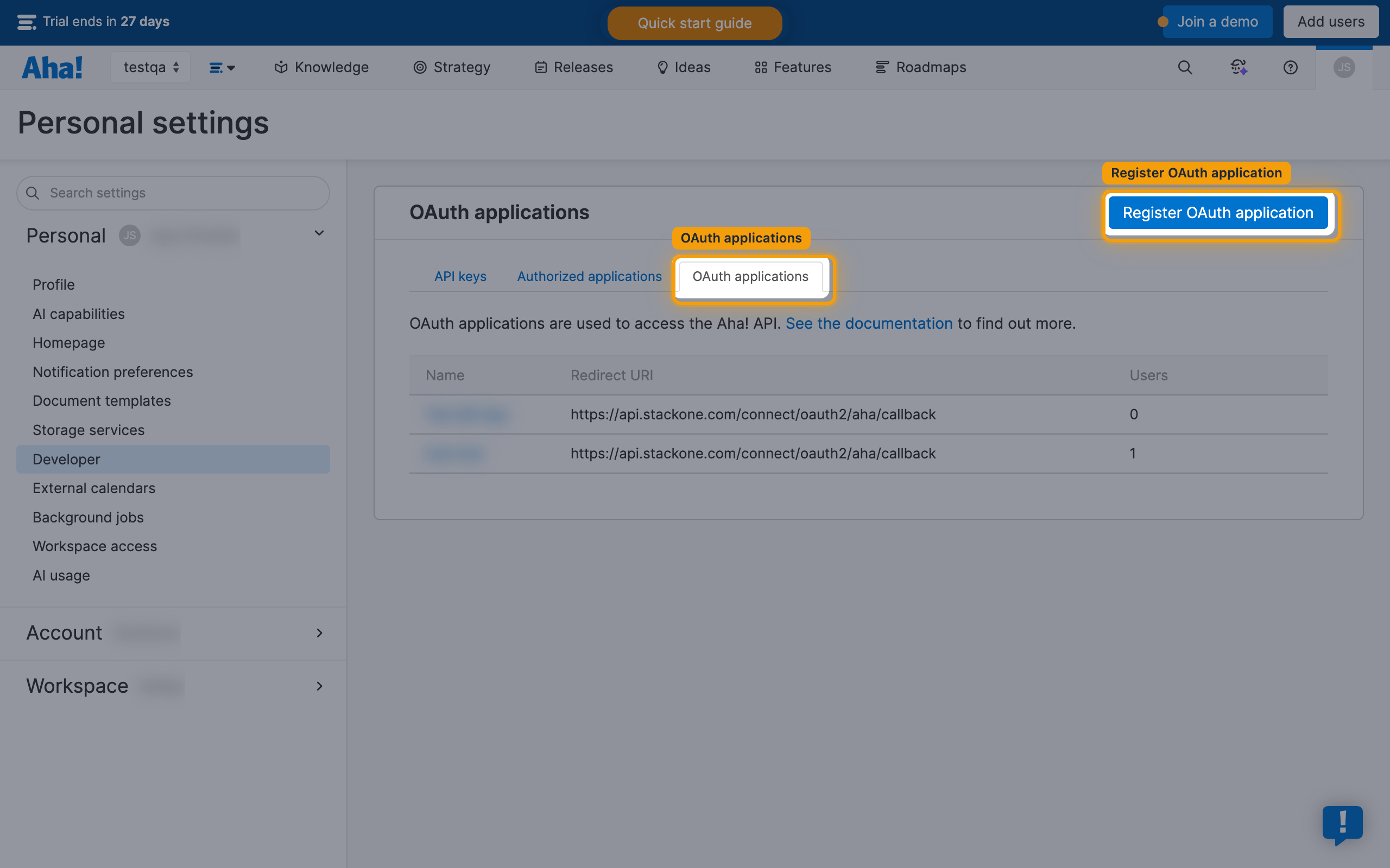 OAuth applications tab, Register OAuth application