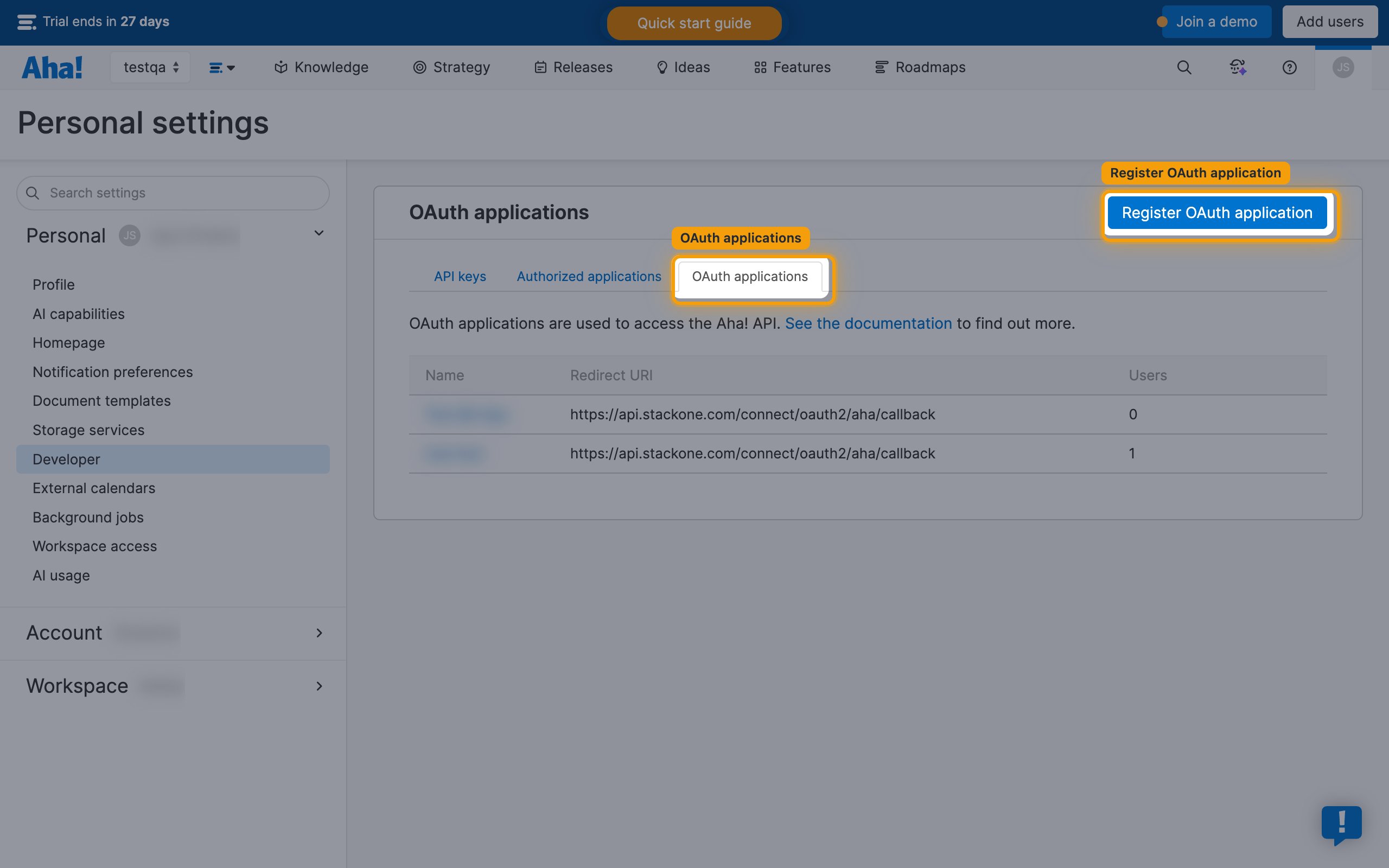 OAuth applications tab, Register OAuth application