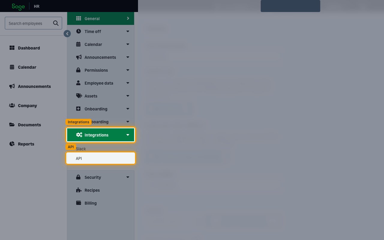The Settings sidebar with Integrations expanded and the API sub-item highlighted