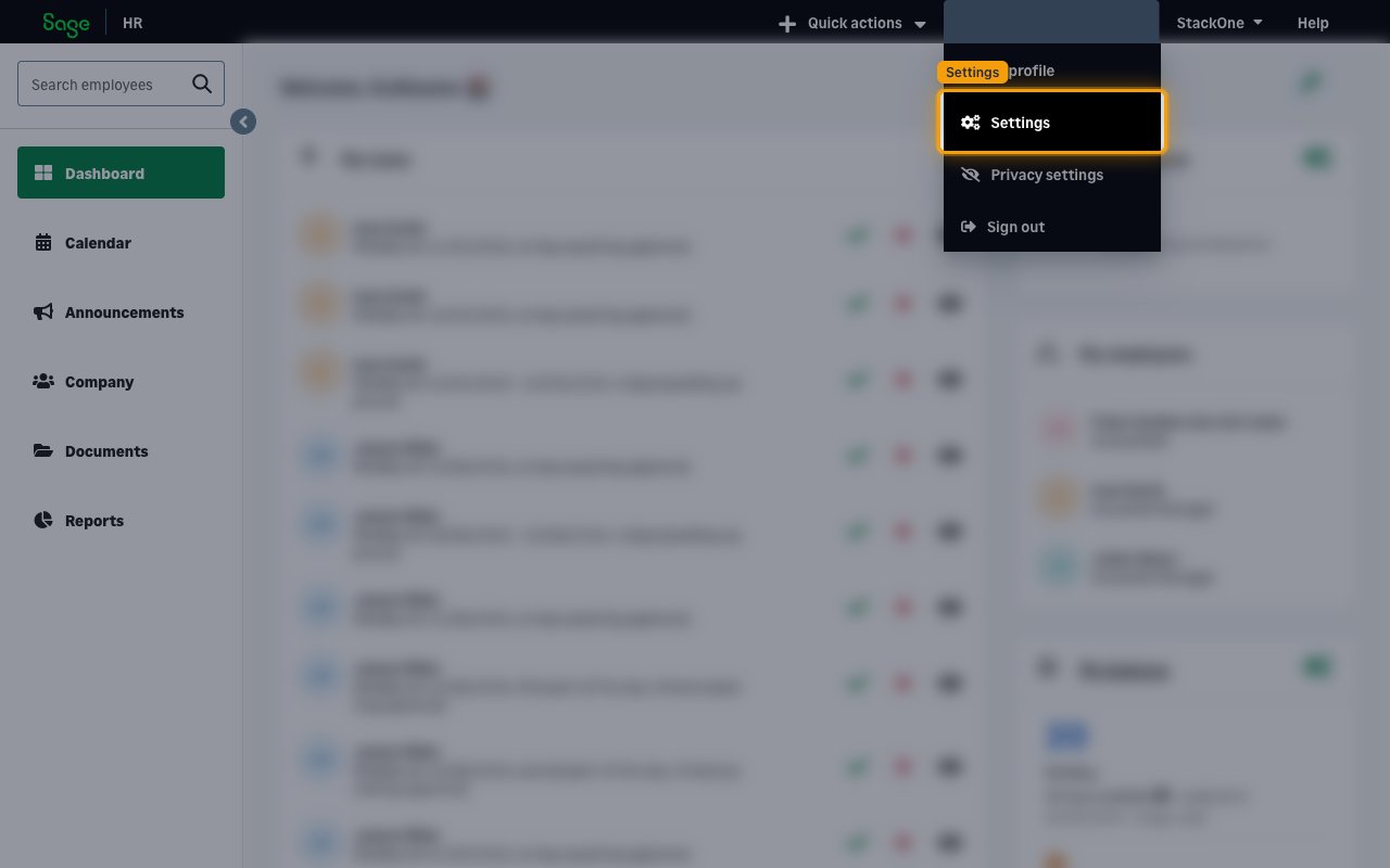 The user menu open in the top-right corner with the Settings option highlighted
